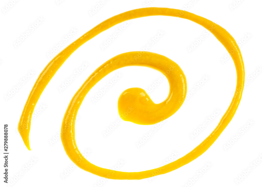Fototapeta premium Yellow mustard sauce isolated on white background, top view.