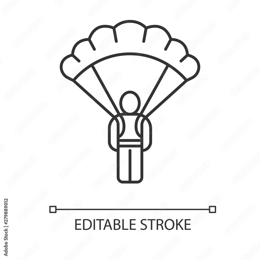 Parachute skydiver linear icon. Parachuting, skydiving. Game player, warrior, soldier jumping with parachute. Thin line illustration. Contour symbol. Vector isolated outline drawing. Editable stroke Parachute skydiver linear icon. Parachuting, skydiving. Game player, warrior, soldier jumping with parachute. Thin line illustration. Contour symbol. Vector isolated outline drawing. Editable stroke