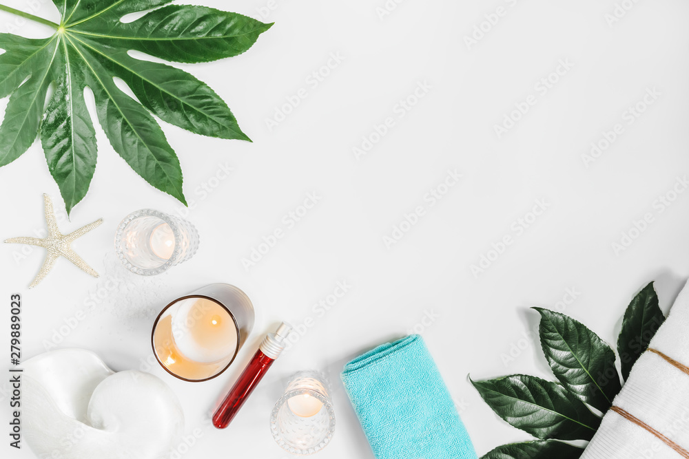 Green and ocean spa setting or wellness background with copy space. Green and ocean spa setting or wellness background with copy space.