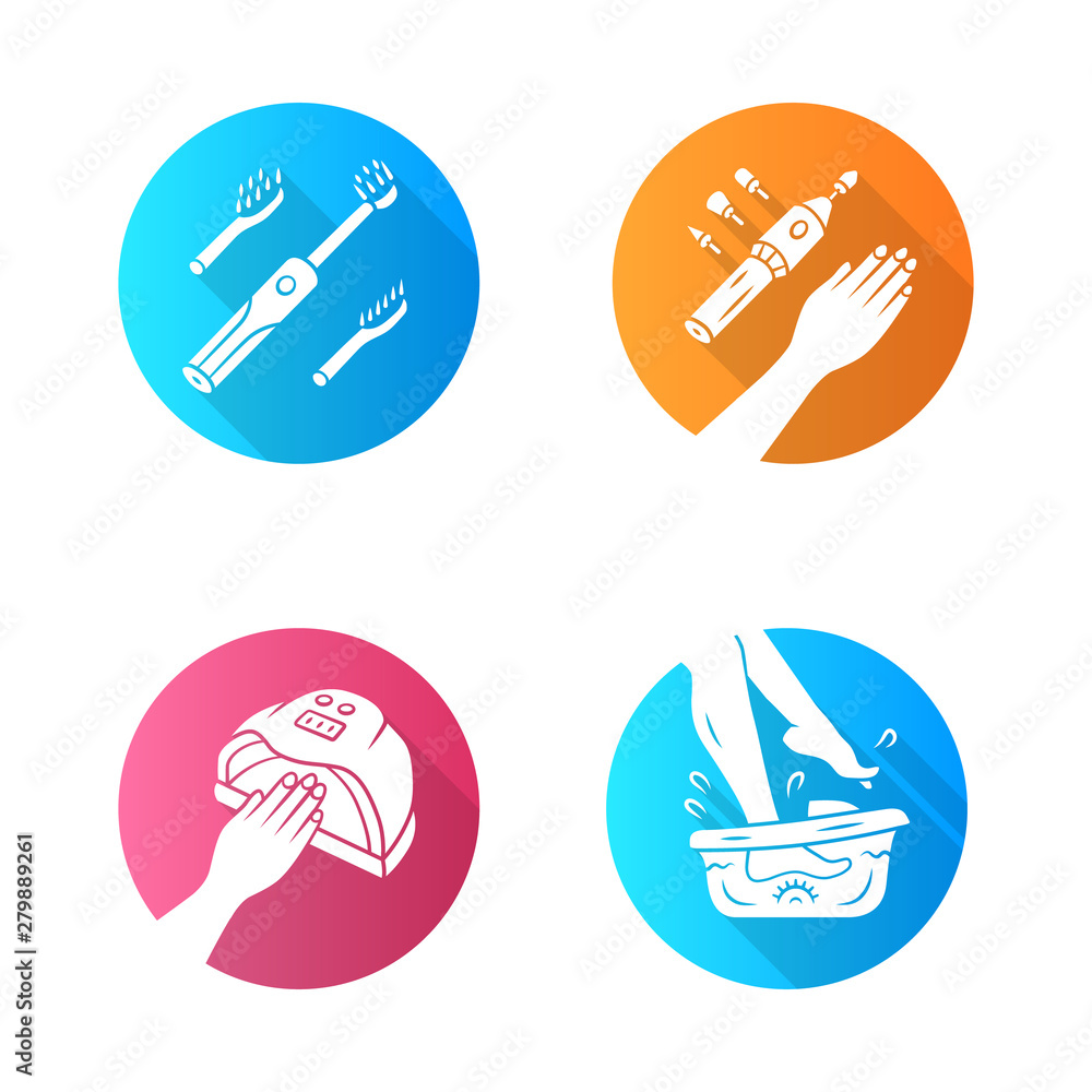 flat design long shadow glyph icons set. Electric toothbrush and foot spa bath massager. Electric manicure and nail dryer. Beauty gadgets. Gel polish drying. Vector silhouette illustration flat design long shadow glyph icons set. Electric toothbrush and foot spa bath massager. Electric manicure and nail dryer. Beauty gadgets. Gel polish drying. Vector silhouette illustration