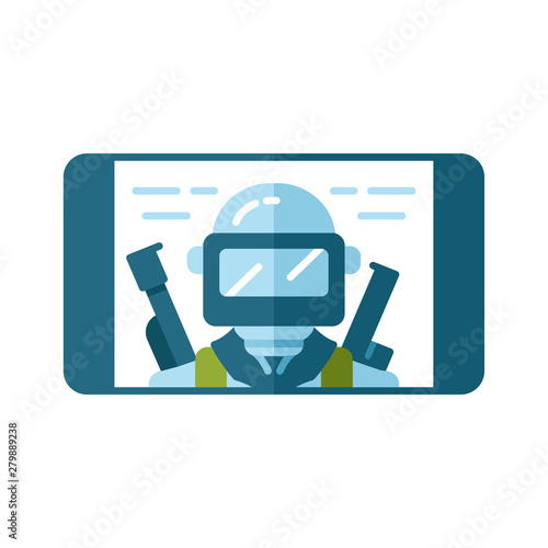 Mobile game flat design long shadow color icon. Shooter, battle royale smartphone game. Telephone screen with game soldier, warrior, player. Cybersport, esport app. Vector silhouette illustration