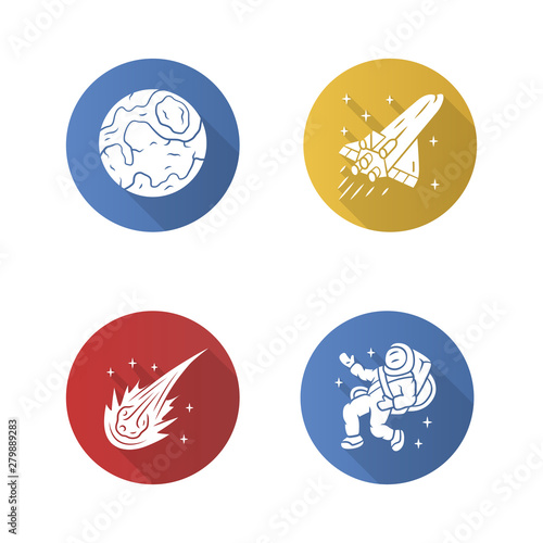 Astronomy flat design long shadow glyph icons set. Space exploration. Earth, spaceship, comet, astronaut. Galaxy research. Interstellar travel. Cosmic mission. Vector silhouette illustration