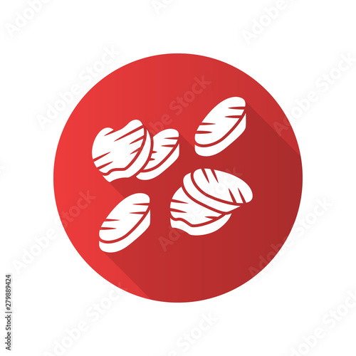 Grilled vegetables slices flat design long shadow glyph icon. Roasted vegetarian food. Healthy nutrition. Cafe menu. Grilled dish, assorted vegetables barbecue. Vector silhouette illustration