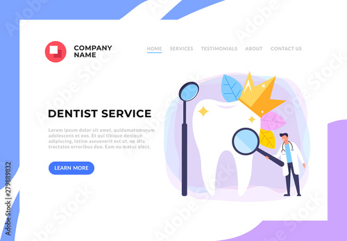 Tooth examination banner. Dentistry web page banner concept. Vector flat cartoon design graphic illustration