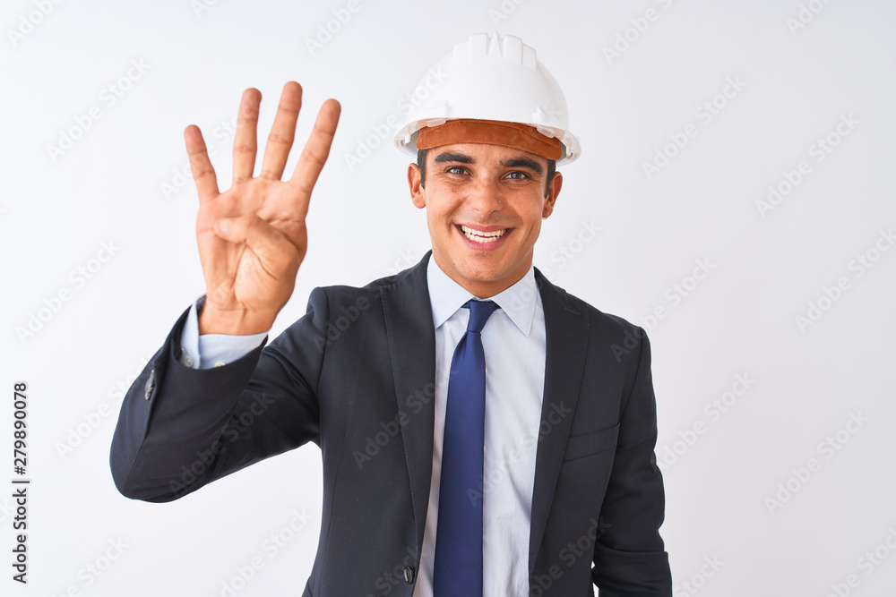 Young handsome architect man wearing suit and helmet over isolated white background showing and pointing up with fingers number four while smiling confident and happy. Young handsome architect man wearing suit and helmet over isolated white background showing and pointing up with fingers number four while smiling confident and happy.