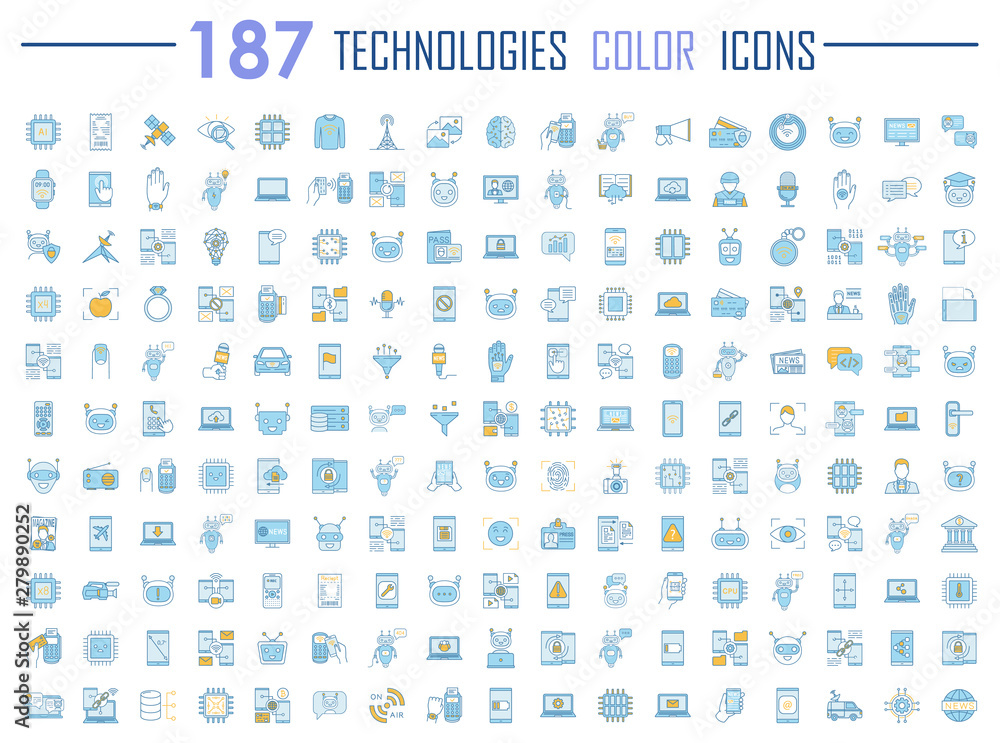 Technologies color icons big set. Internet, artificial intelligence, robots and chatbots. NFC, internet banking, online payments services. Mobile technologies. Isolated vector illustrations
