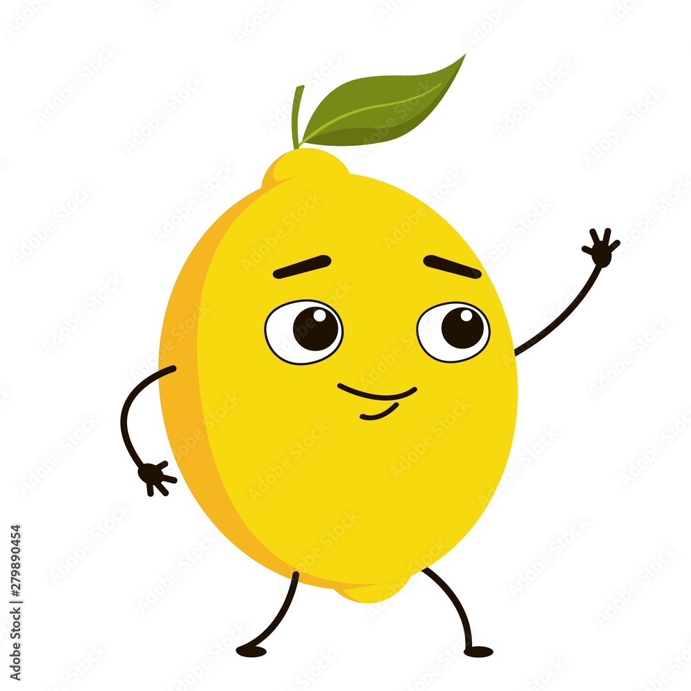 Obraz premium Cute character fruit lemon with leaf and stalk. Yellow fruit in cartoon style.
