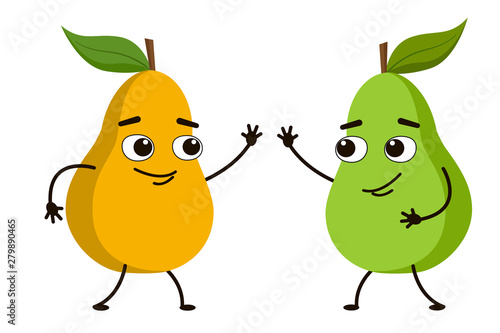 Funny fruit pear waving his hand. A cute character greets a friend.