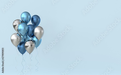 Illustration of glossy blue and silver balloons on pastel colored background. Empty space for birthday, party, promotion social media banners, posters. 3d render realistic balloons