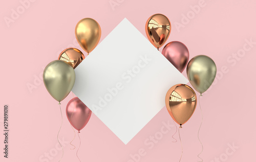 Illustration of glossy rose gold, colorful balloons and white paper on pink background. Empty space for birthday, party, promotion social media banners, posters. 3d render realistic balloons photo
