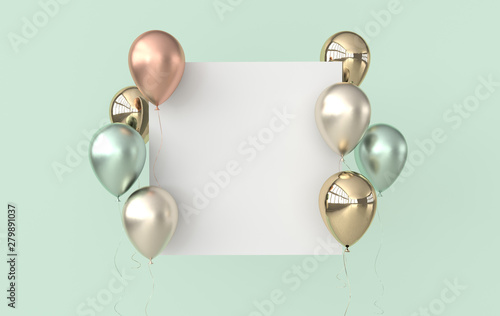 Illustration of glossy gold, colorful balloons and white paper on pastel coloerd background. Empty space for birthday, party, promotion social media banners, posters. 3d render realistic balloons photo