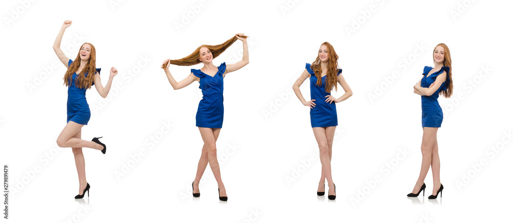 Fototapeta premium Beautiful lady in dark blue dress isolated on white