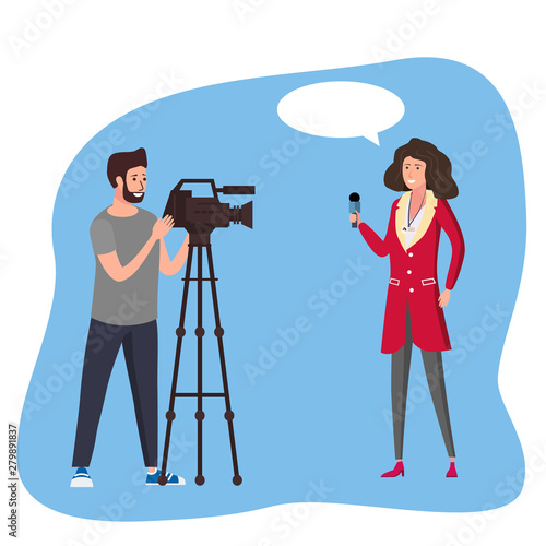 Journalist woman reporter presenting live news talk with man operator