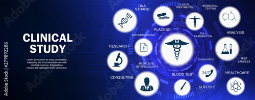 Healthcare, Clinical Study Concept. Medical banner with keywords and icons, website banner template (People Charting Disease or Scientific Discovery Web Header)  Vector illustration, Medical concept