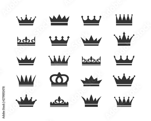 Set of crown icons. Collection of crown awards for winners, champions, leadership. Vector isolated elements for logo, label, game, hotel, an app design. Royal king, queen, princess crown. 