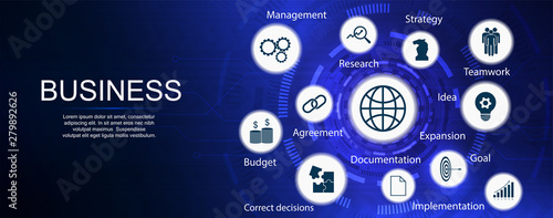 Business components, vector banner with keywords and icons, website banner template (budget, documents, teamwork, agreement, money, implementation plan, strategy, idea, goal ) Infographic business