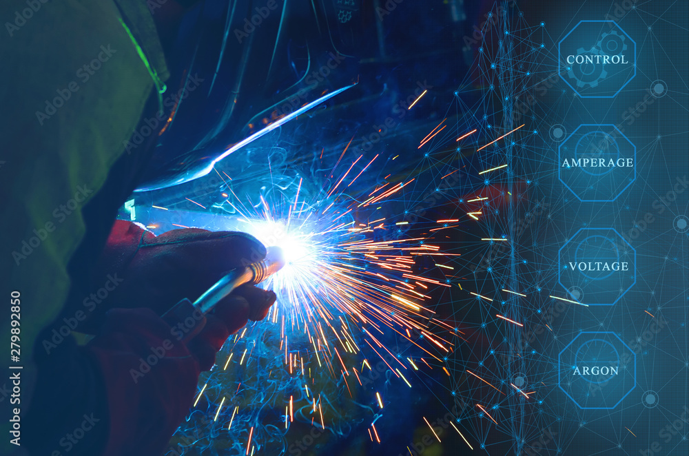 control of the main parameters of welding in a protective gas environment carried out by an artificial intellect and the use of the Internet of things for the high-quality manufacturing of products - obrazy, fototapety, plakaty 