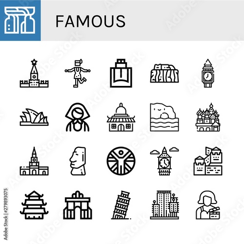 Set of famous icons such as Monument, Kremlin, Charleston, Cologne, Stonehenge, Clock tower, Sydney opera house, Russian, Temple, Algarve, Cathedral of saint basil, Cartagena , famous