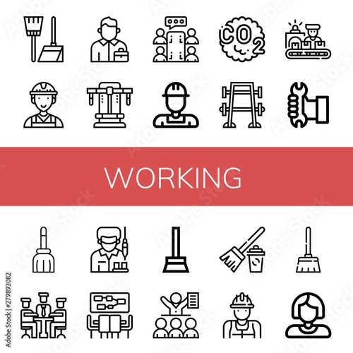 Set of working icons such as Broom, Worker, Salesman, Bench press, Meeting, Co , working
