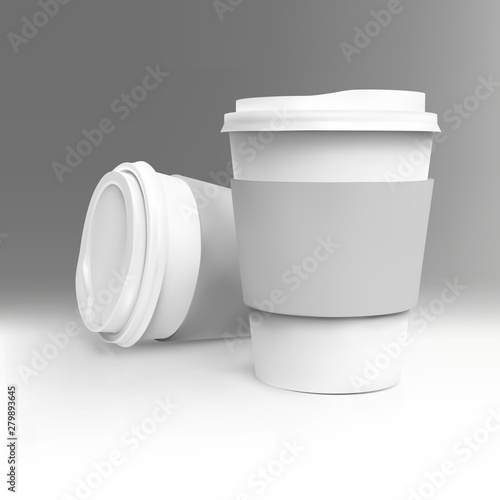 Two vector realistic blank 3d paper coffee cups. Mockup template for cafe or restaurant brand identity design. Disposable plastic and paper tableware vector template for hot drinks.