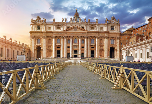 Front View St Peters Basilica. Panorama Square, Front view at entrance. Dramatic sky with clouds.