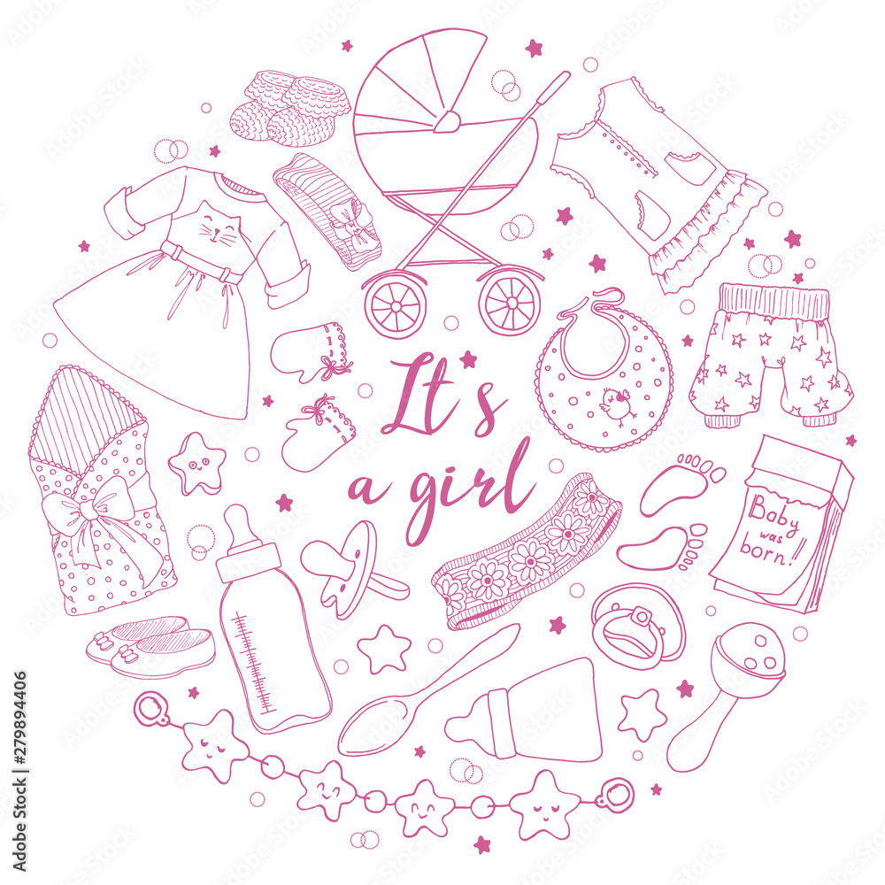 Round sticker with objects and clothes for baby girl. Doodle. Vector Round sticker with objects and clothes for baby girl. Doodle. Vector
