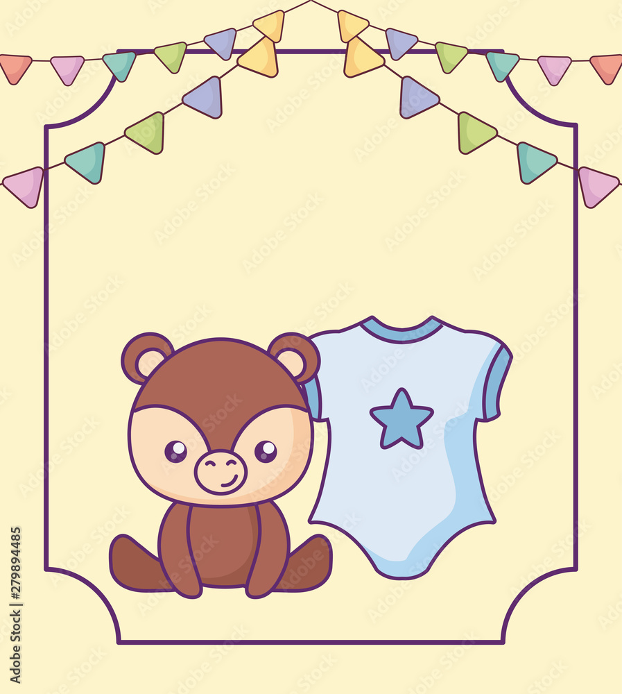 cute little bear with clothes baby and garlands hanging