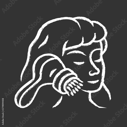 Face cleaning brush chalk icon. Pore cleaner. Comedone and blackhead removing. Beauty device for home use. Washing face with foam. Beauty electric instrument. Isolated vector chalkboard illustration