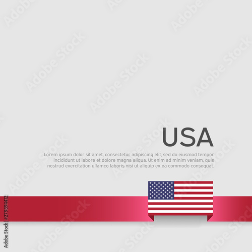 USA flag background. Ribbon color flag of usa on a white background. National american poster. Vector tricolor flat design. State american patriotic banner, cover