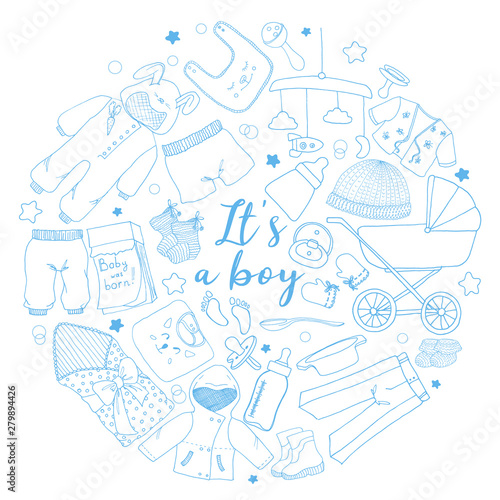 Round sticker with objects and clothes for baby boy. Doodle. Vector photo