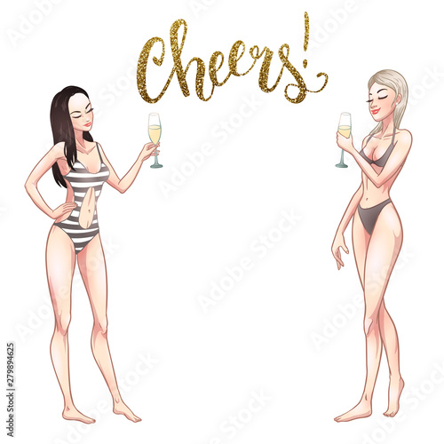 Two beautiful young women in swimsuit holding champagne glasses. Beach party pin-up girls, summer holidays. Vector comic illustration
