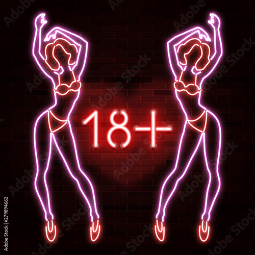 18+ banner with neon silhouette of sexy girl figure, woman silhouette, nightclub, striptease, sex shop advertisement, vector illustration