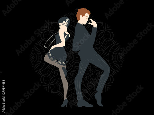Retro party card, man and woman dressed in 1920s style dancing, flapper girls handsome guy in vintage suit, twenties, vector illustration