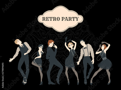 Retro party card, men and women dressed in 1920s style dancing, flapper girls, handsome guys in vintage suits, twenties, vector illustration