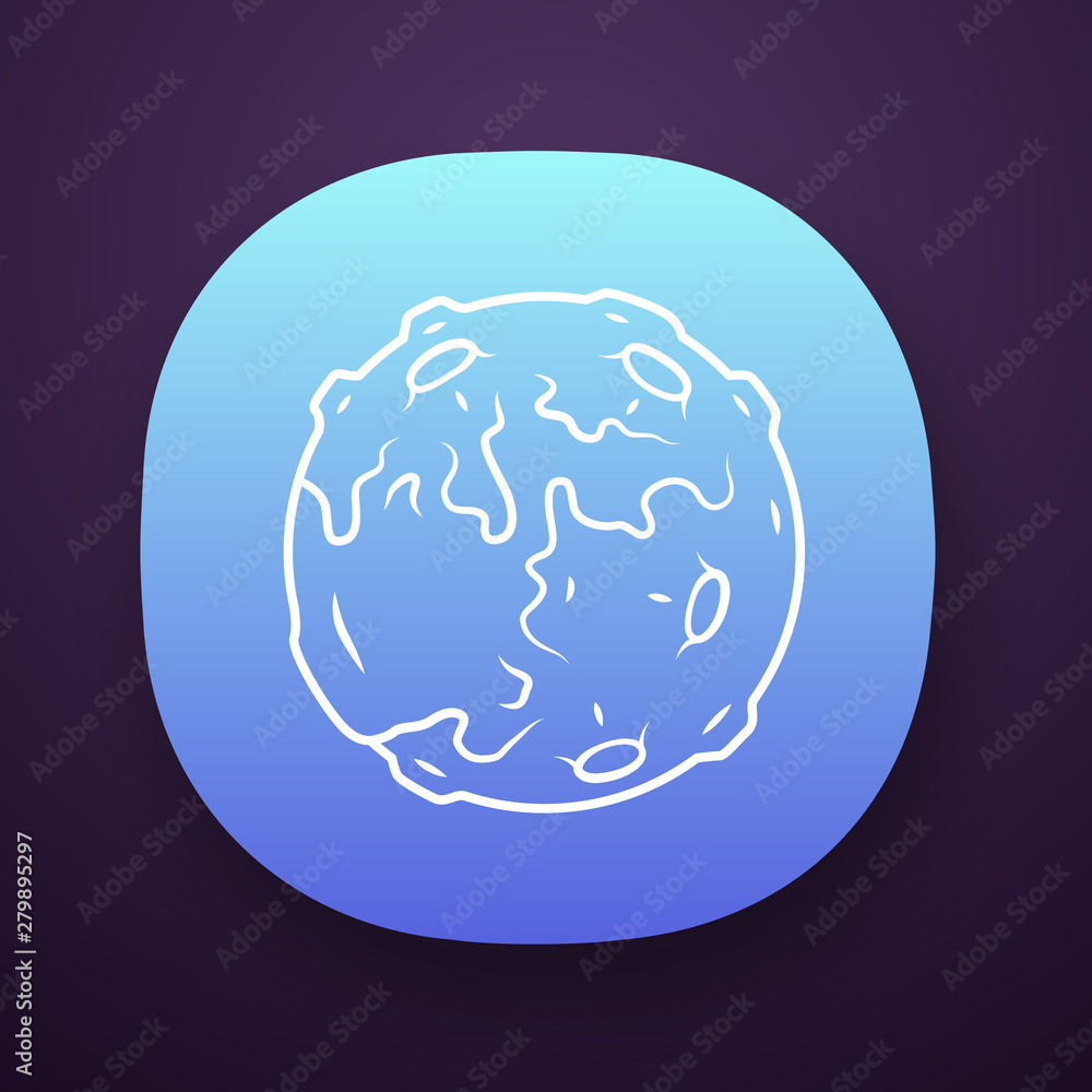 Moon app icon. Earth satellite. Fantastic planet with volcanoes. Spherical space object. Solar system body. UI/UX user interface. Web or mobile application. Vector isolated illustration Moon app icon. Earth satellite. Fantastic planet with volcanoes. Spherical space object. Solar system body. UI/UX user interface. Web or mobile application. Vector isolated illustration
