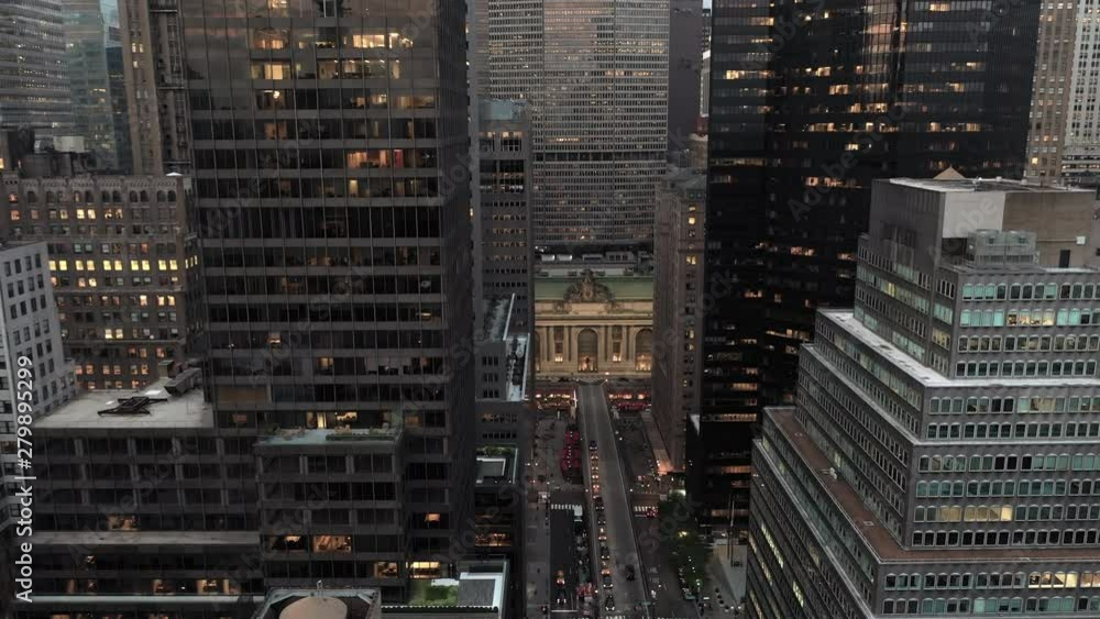 aerial stationary view of Grand Central Station Terminal and Park Ave cars below Midtown Manhattan New York City NYC aerial stationary view of Grand Central Station Terminal and Park Ave cars below Midtown Manhattan New York City NYC