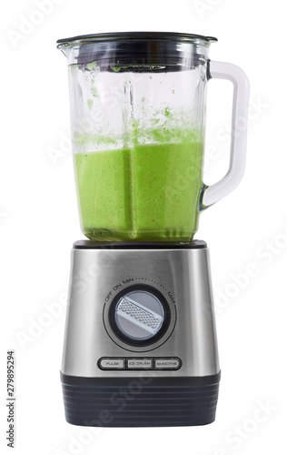 Modern stationary blender with ready green cocktail in a bowl isolated on white background.