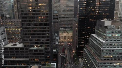 aerial stationary view of Grand Central Station Terminal and Park Ave cars below Midtown Manhattan New York City NYC