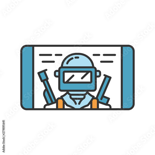 Mobile game color icon. Shooter, battle royale smartphone game. Telephone screen with game soldier, warrior, player. Cybersport, esport app. Isolated vector illustration