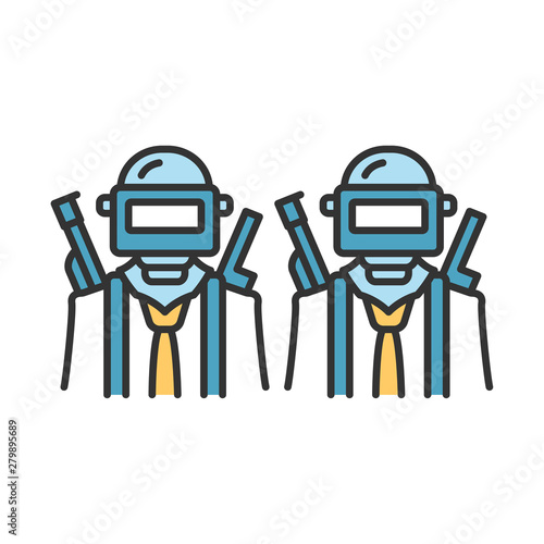 Game soldiers color icon. Playerunknowns battlegrounds. Virtual video game. Shooter from first person. Online multiplayer. Computer game design, development. Isolated vector illustration