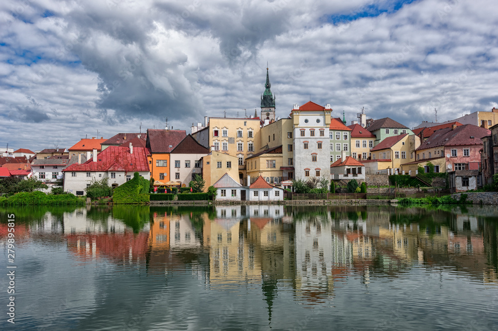Summer view on Czech city Jindrichuv Hradec from Maly Vajgar pond