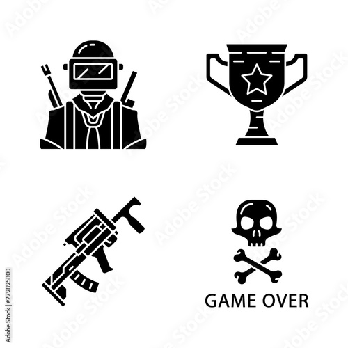 Online game inventory glyph icons set. Esports, cybersports. Battle royale. Computer game equipment. Soldier, winning cup, weapon, game over. Silhouette symbols. Vector isolated illustration