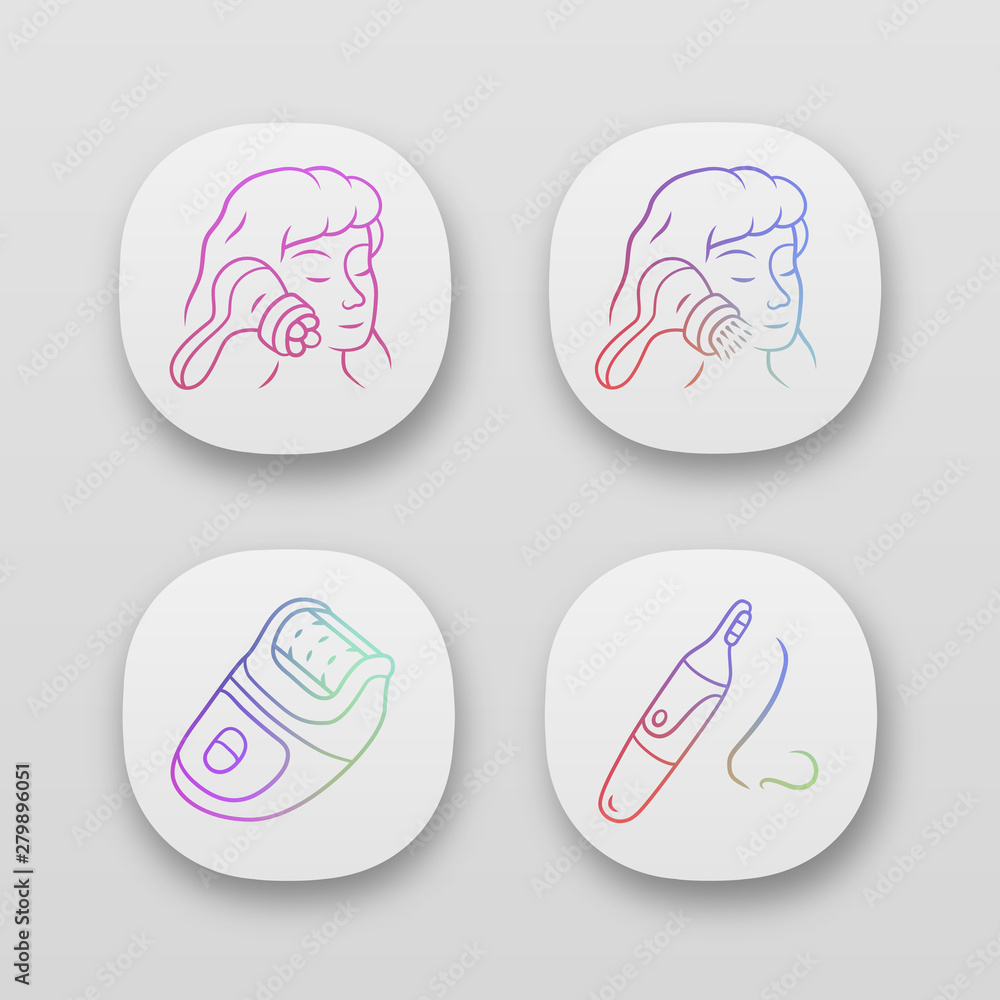 Beauty devices app icons set. Face massager, cleaning brush, epilator and nose hair trimmer. Cosmetology instruments. UI/UX user interface. Web or mobile applications. Vector isolated illustrations