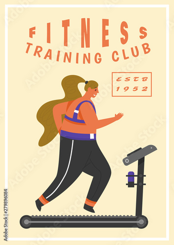 Wallpaper Mural Fitness Woman Poster. Health sport in club. Cute Plus Size banner. Fat girl doing exercises, running on the simulator, loses weight, warming up. Full body character on pastel background. Torontodigital.ca