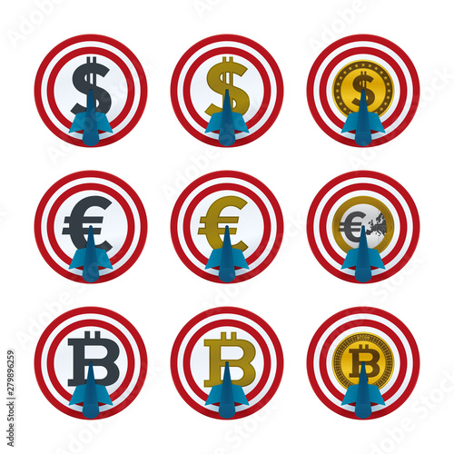 Currencies and arrows on target boards