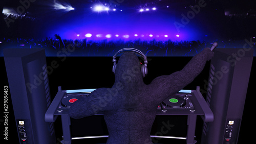 Photography DJ gorilla, disc jockey monkey with microphone playing music on turntables, ape