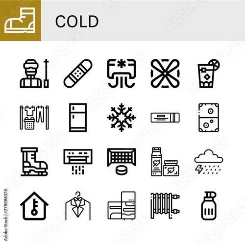 Set of cold icons such as Snow boots, Ski, Snowboard, Air conditioner, Fan, Cuba libre, Laundry, Fridge, Snowflake, Chewing gum, Air hockey, Ice skate, Hockey goal, Cream , cold