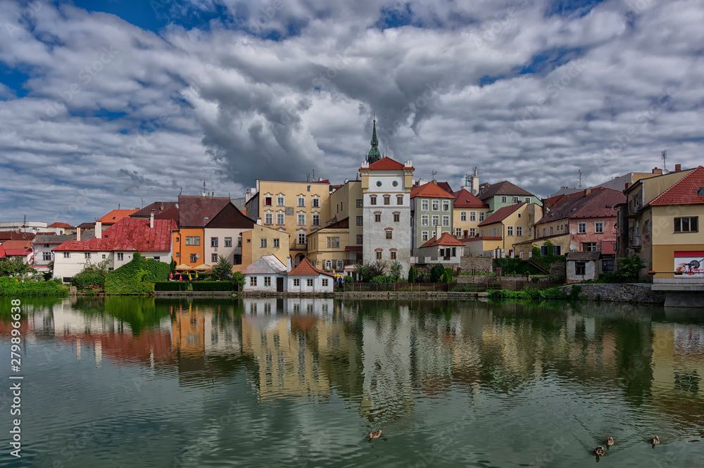 Jindrichuv Hradec old town reflecting in Maly Vajgar pond