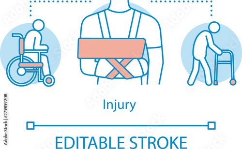 Injury concept icon. Trauma idea thin line illustration. Medical rehabilitation. Disabled person. Arm fracture. Using wheelchair. Medical care. Vector isolated outline drawing. Editable stroke