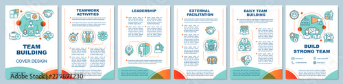Team building cover design brochure template layout. Partnership, leadership. Team management. Flyer, booklet, leaflet print design with linear icons. Vector page layouts for annual reports, posters